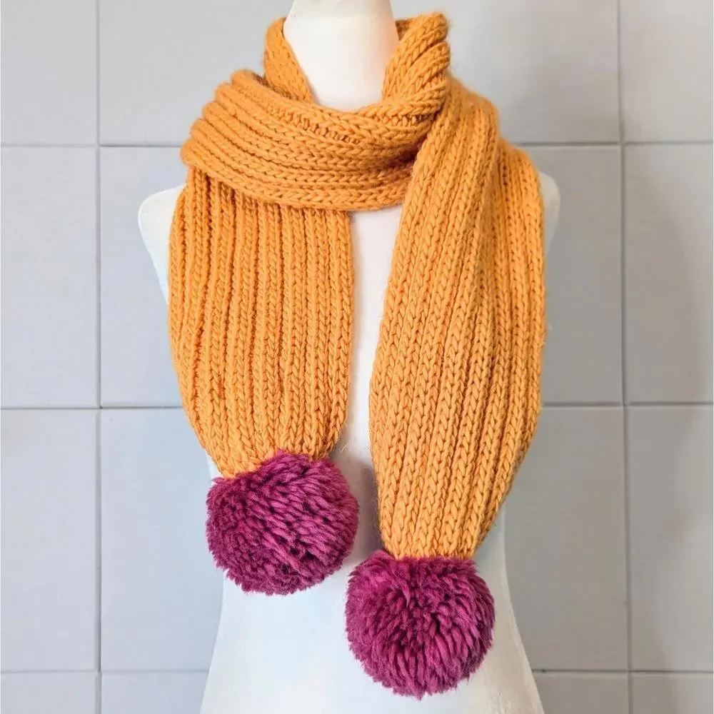 Vintage J. Peterman 100% wool chunky knit pompom statement scarf